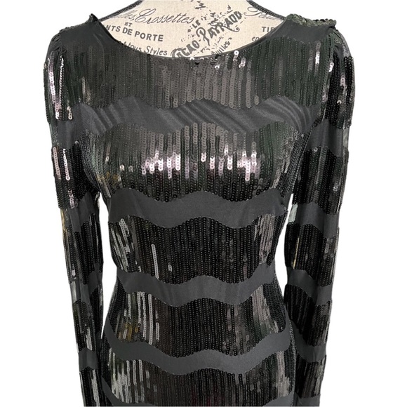 Anthro NANETTE LEPORE Black Wavy Sequin Striped Long Sleeve Dress - Picture 8 of 16